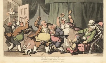 Der Tod kommt für einen kranken Mann, während drei Quacksalber kämpfen und eine Magd sie mit Bettpfannen angreift. Handkolorierter Kupferstich von Thomas Rowlandson aus The English Dance of Death, Ackermann, London