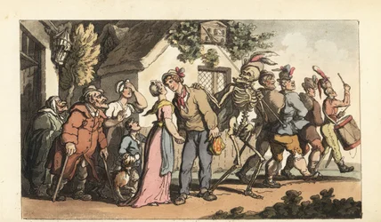 Das Skelett des Todes führt einen jungen Rekruten in die Armee, während er seine Freundin und Familie zurücklässt. Handkolorierte Kupferstichzeichnung und -gravur von Thomas Rowlandson