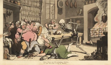Der Skeletttod ersticht einen fetten Koch mit einem Spieß, der ein Brathähnchen hält. Handkolorierte Kupferplatte gezeichnet und graviert von Thomas Rowlandson aus The English Dance of Death, Ackermann, London