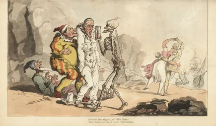 Der Tod mit Stundenglas und Pfeil kommt für einen Pierrot und andere Clowns, während ein Harlekin mit einer Frau am Strand tanzt (Handkolorierte Kupferstich von Thomas Rowlandson)