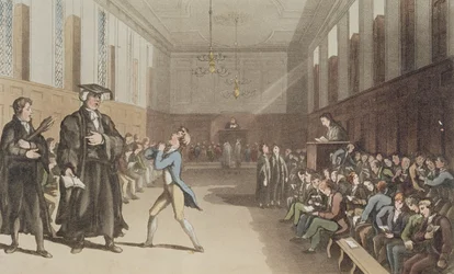 Der strenge Lehrer, mit seinem drohenden Nicken, ruft die weise Korrektur der Rute herbei, aus A Compendious Treatise on Modern Education, 1802 (handkolorierte Radierung)