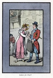Frau bezahlt und steckt einen Brief in eine Tasche, die von einem Mitarbeiter der britischen Royal Post Office getragen wird. Holzstich, basierend auf einem Gemälde von Thomas Rowlandson (1756-1827), veröffentlicht in The Cris of London.