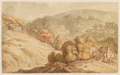 Bewaldete Hügellandschaft mit einem Landhaus und Figuren