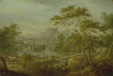 Eine imaginäre Landschaft mit einem Wagen und einer fernen Ansicht einer Stadt