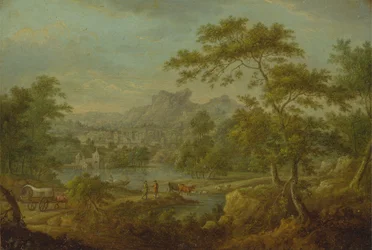 Eine imaginäre Landschaft mit einem Wagen und einer fernen Ansicht einer Stadt
