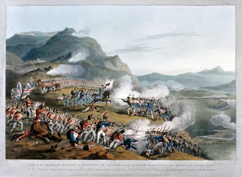 Ein Blick auf die Sierra de Busaco in St. Antonio de Cantaro, zeigt den Angriff von Marschall Reigniers, graviert von Charles Turner, veröffentlicht 1812