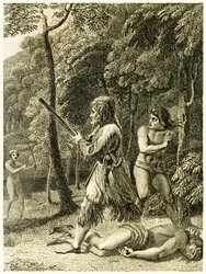 Robinson Crusoe sieht und rettet seinen Mann Freitag zum ersten Mal aus 