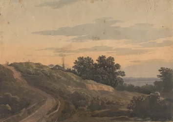 Hügelige Landschaft mit Haus, Weg und Figuren