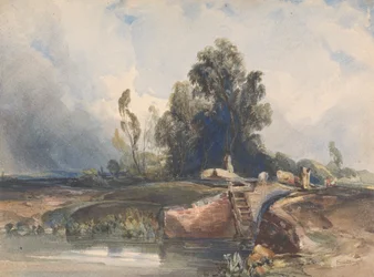 Landschaft mit Kanal und Schleuse; Figuren an der Schleuse