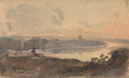 Landschaft mit gewundenem Fluss, Figur auf Hügel im Vordergrund