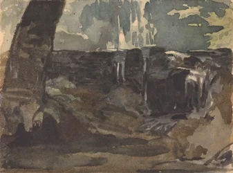 Felsige Landschaft, großer Baumstamm im Vordergrund