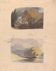 Zwei Zeichnungen auf einem Blatt: Hütte mit Figuren davor (Nr. 15); Landschaft mit Fluss und Bergen - Sonnenschein (Nr. 16)
