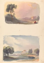 Zwei Zeichnungen auf einem Blatt: Landschaft mit Bergen in der Ferne und sitzenden Figuren im Vordergrund (Nr. 1); Landschaft mit Fluss und Gebäude, Berge in der Ferne (Nr. 2)