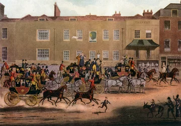 Postkutschen aus Nordengland am Peacock in Islington, 1823 1927