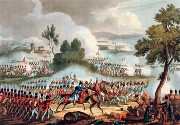 Der linke Flügel der britischen Armee in Aktion bei der Schlacht von Waterloo, 18. Juni 1815