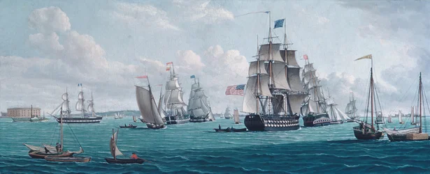 Das US-Schiff Franklin mit Blick auf die Bucht von New York