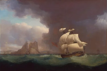 Ein Zweidecker und andere Schiffe bei stürmischem Wetter vor Gibraltar