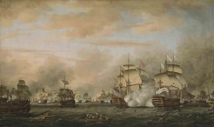 Die Schlacht von den Saintes, 12. April 1782. HMS Barfleur greift das französische Flaggschiff Ville de Paris an