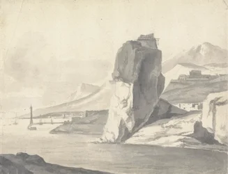 Eine Küstenszene (Italienisch) mit Wellenbrecher, hohen Klippen und einer Festung