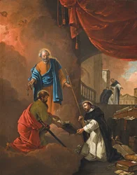 Die Vision des heiligen Dominikus, mit dem heiligen Dominikus, der zwei missionarische Mönche segnet