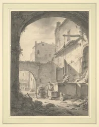 Blick in einen Hof mit einer Familie am Brunnen