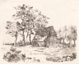 Ein strohgedecktes Haus zwischen Bäumen