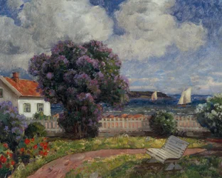 Küstenlandschaft mit blühendem Fliederbusch