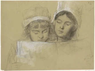 Zwei Mädchen mit weißen Mützen, die in einem Buch lesen