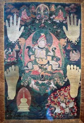 Gnya-Khri btsan-Po, legendärer erster König von Tibet, Reinkarnation des Bodhisattva Avalokitesvara, einer der weltlichen und spirituellen Führer Tibets, Gemälde auf Leinwand, tibetische Zivilisation