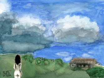 Frau betrachtet weite Landschaft