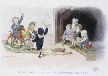 Kinderspiele: Kinder mit verschiedenen Spielzeugen (Reifen, Schaukelpferd, Puppen...) - Zeichnung von Lobrichon, Ed. von Phosphatine Falieres, ca. 1920