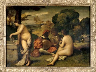 Das Konzert im Freien. Musiker auf dem Gras, die beiden Frauen sind nackt, eine von ihnen füllt ihren Krug mit Wasser an einem Brunnen. Gemälde zugeschrieben Tiziano Vecellio genannt Tizian (1485-1576) oder Giorgio da Castelfranco genannt Giorgione (1476/1
