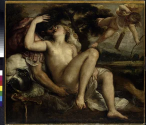 Mars, Venus und Cupido. Gemälde von Tiziano Vecelli oder Vecellio, auch Tiziano da Cador, genannt Tizian oder Der Tizian (um 1490-1576), um 1530. Italienische Kunst (Venedig)
