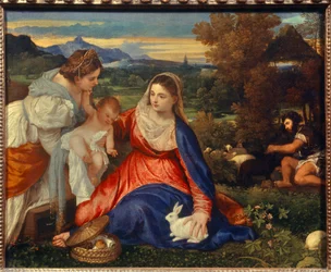 Die Jungfrau und das Kind mit der Heiligen Katharina oder die Jungfrau mit dem Kaninchen (Gemälde von Tiziano Vecellio genannt Titian, 16. Jahrhundert)