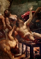Das Martyrium des heiligen Laurentius. Marter des heiligen Laurentius auf dem Rost im Jahr 258 in Rom. Detail. 1548-1559. Maße: 500 x 280 cm. Venedig, Jesuitenkirche