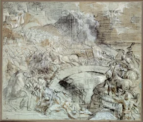 Kriege Italiens: „Die Schlacht von Cadore“ um 1508, als die Stadt Pieve di Cadore sich mit den Venezianern gegen die Truppen von Maximilian I. von Habsburg verbündete. Zeichnung mit schwarzem Stein und Waschung von Tiziano Vecellio (1485-1576) genannt Tizi