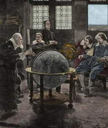 John Milton (1608-1674) besucht Galileo Galilei (Galilee) 1640 in dessen Gefängnis der Inquisition in Arcetri bei Florenz. Stich aus dem 19. Jahrhundert nach einem Gemälde von T. Lessi.