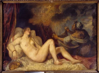 Danaë empfängt den Goldregen. Zeus kommt in Gestalt eines Regens aus Goldmünzen zu Danaë, um sie zu verführen. Gemälde von Tiziano Vecellio, genannt Tizian (1488-1576), 1553. Maße: 1,29 x 1,8 m. Madrid, Prado-Museum