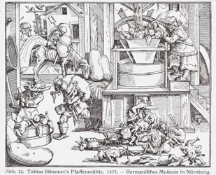Katholische Priester, die durch eine Mühle gesteckt werden (Holzschnitt)