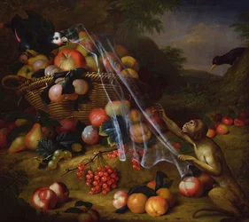 Gemischtes Obst mit einem Affen, einem Papagei, einem Eichelhäher und zwei Finken in einer Landschaft