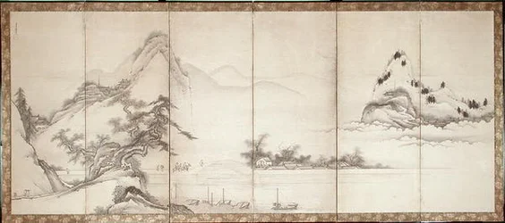 Reisende auf einer Brücke am See, ca. 1700