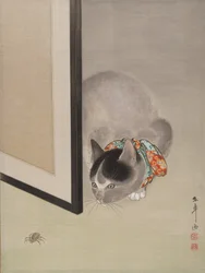 Katze beobachtet eine Spinne, ca. 1888-92