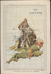Ein moderner St. Georg und der Drache: Eine politische Karikatur in Form einer Karte von England, die Gladstones parlamentarische Niederlage über die irische Selbstverwaltung satirisch darstellt. St. Stephen