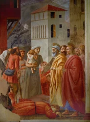 Ananias, ein Mitglied einer christlichen Kommune, hat einen Teil seines Geldes zurückgehalten und fällt zur Vergeltung tot zu Füßen von Sankt Peter