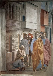 Der heilige Petrus heilt die Kranken mit seinem Schatten - Fresko von Tommaso di ser Giovanni di Mone Cassai, genannt Masaccio (1401-1428), 229,8 x 161,9 cm
