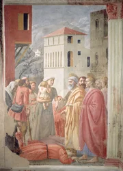 St. Peter verteilt die Gemeingüter der Kirche und der Tod des Ananias, ca. 1427