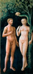 Die Versuchung Adams und Evas. Fresko von Tommaso di Cristofano Fini, genannt Masolino da Panicale (1383-1440), 1424-1425. Maße: 208 x 88 cm. Florenz, Chiesa di Santa Maria del Carmine, Cappella Brancacci