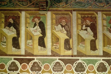 Vier Dominikanermönche an ihren Schreibtischen, aus dem Zyklus "Vierzig berühmte Mitglieder des Dominikanerordens", im Kapitelsaal, 1342