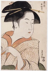 Ein Brustporträt von Ohisa von der Takashimaya, die eine Tabakpfeife hält