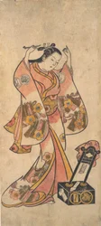Sanjo Kantaro als Frau, die sich vor einem Lackspiegel die Haare richtet, vor 1763